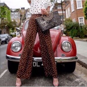 Zara Women’s XS Polka Dot Wide Leg Pants Linen Blend Pretty Woman Brown